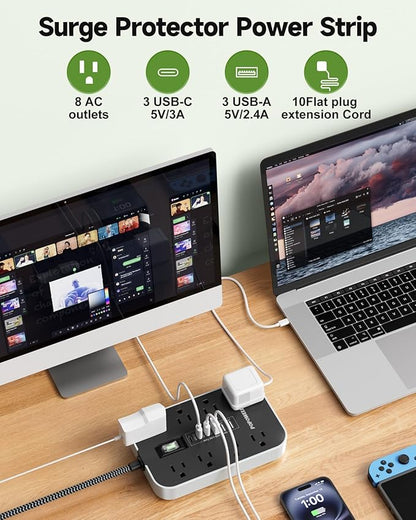 10 FT Extension Cord- Power Strip Surge Protector with 8 AC Outlet& 6 USB Ports(3 USB C) Charging Block, Ultra Thin Flat Extension Cord 10 Feet Wall Amount for Home, Office, Dorm Essentials.