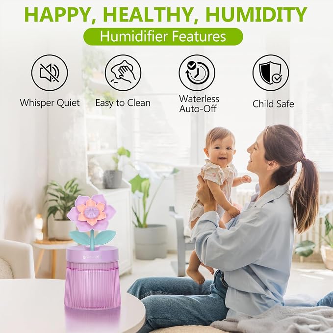 Cute Flower Mini Humidifier, Small Cool Mist Desk Humidifiers, Portable USB Personal Desktop Plant Humidifiers, Cooling for Home Office Car Travel Indoor Outdoor (260ml,Purple Gardenia)