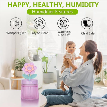 Cute Flower Mini Humidifier, Small Cool Mist Desk Humidifiers, Portable USB Personal Desktop Plant Humidifiers, Cooling for Home Office Car Travel Indoor Outdoor (260ml,Purple Gardenia)