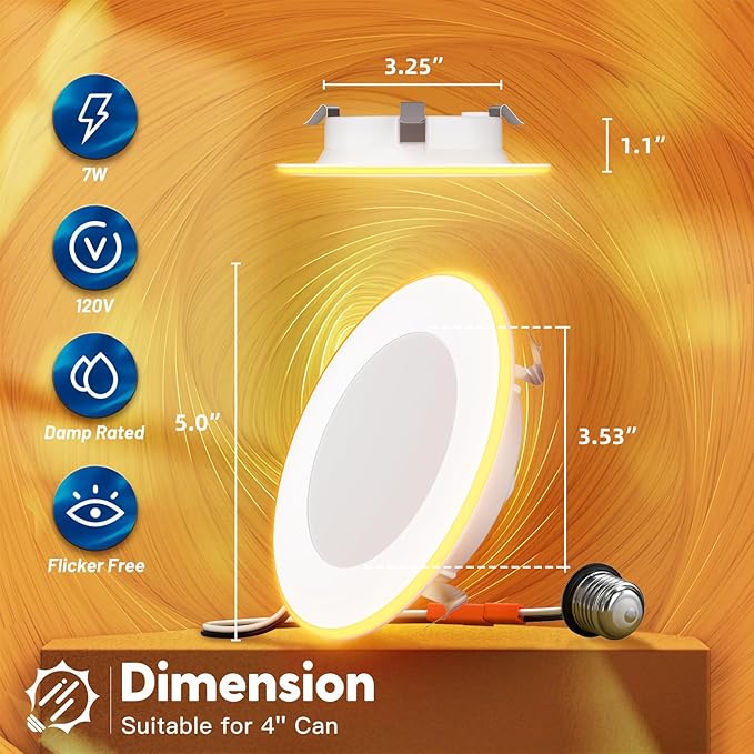 FREELICHT 6 Pack 4 Inch 5CCT LED Recessed Can Light with Night Light, 2700K/3000K/4000K/5000K/6000K Selectable Flat Recessed Lighting, 7W=60W, 700LM, Dimmable Retrofit - ETL & FCC
