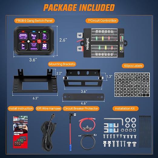 Nilight 6 Gang Switch Panel Relay System w/APP Control Automatic Dimmable | RGB Backlight Panel Circuit Control 2-side Output Fuse Wiring Harness ON Off LED Switch Pod for 12V 24V Car Truck Camper SUV