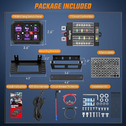 Nilight 6 Gang Switch Panel Relay System w/APP Control Automatic Dimmable | RGB Backlight Panel Circuit Control 2-side Output Fuse Wiring Harness ON Off LED Switch Pod for 12V 24V Car Truck Camper SUV