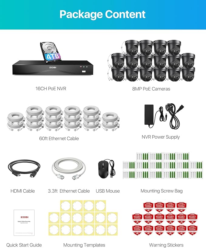ZOSI 24CH 4K PoE Security Camera System, Face Person Vehicle Detection, 16pcs 4K Outdoor Spotlight PoE Cameras, 2 Way Audio, Night Vision, 24CH 8MP Dual Disk NVR with 4TB HDD for 24/7 Recording
