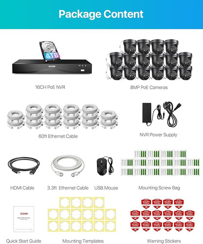 ZOSI 24CH 4K PoE Security Camera System, Face Person Vehicle Detection, 16pcs 4K Outdoor Spotlight PoE Cameras, 2 Way Audio, Night Vision, 24CH 8MP Dual Disk NVR with 4TB HDD for 24/7 Recording
