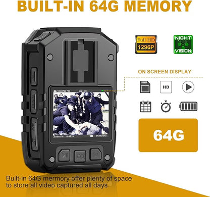 CammPro I826 1440P 2K HD Police Body Camera,64G Memory,Waterproof Body Worn Camera with Audio Recording,Night Vision,GPS for Law Enforcement