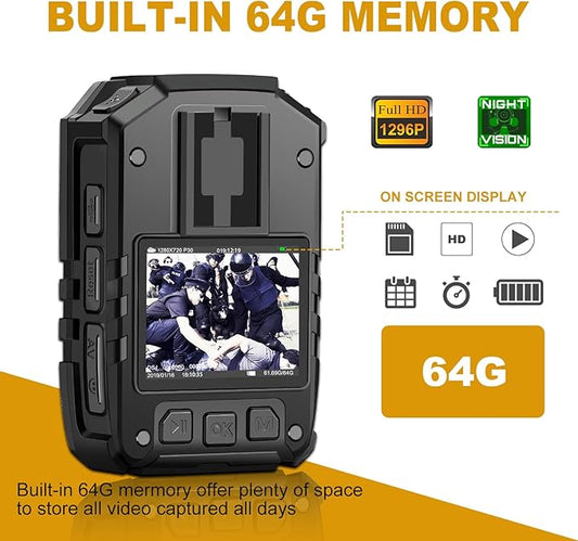CammPro I826 1440P 2K HD Police Body Camera,64G Memory,Waterproof Body Worn Camera with Audio Recording,Night Vision,GPS for Law Enforcement