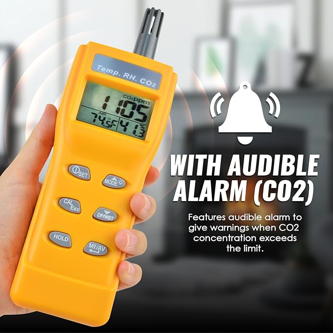 CO2 Meter Handheld CO2 Detector, 0-9999ppm Digital CO2 Monitor Temperature and Humidity Meter Carbon Dioxide Detector with NDIR Sensor Buzzer Alarm and Clibration Function for Home Grow Room