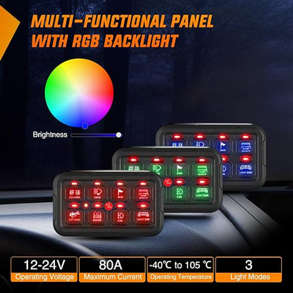 Nilight 8 Gang Switch Panel Relay System w/APP Control Automatic Dimmable | RGB Backlight Panel Circuit Control Fuse Wiring Harness ON Off LED Switches Pod for 12V 24V Cars Trucks Campers SUV