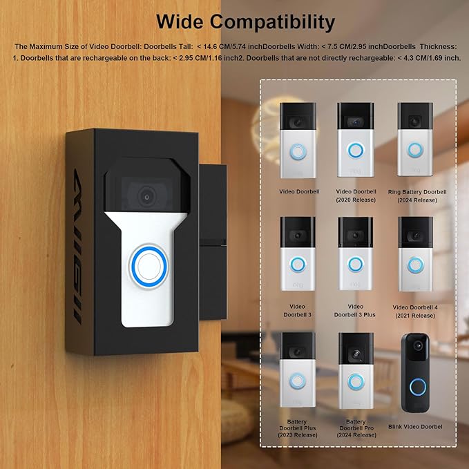 Bleu Clair Anti-Theft Video Doorbell Mount All Metal Compatible with Ring/Blink Wireless Doorbell, with Charging Port, No Drill, Not Block Doorbell Motion Sensor, for Rentals Apartment