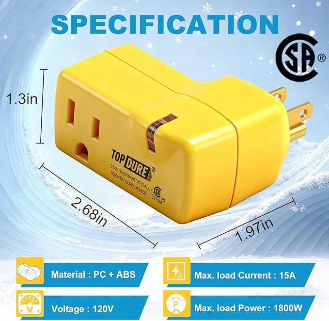 Thermostat Plug Outlet for Heat Cables, Temperature Controlled Outlet with Auto On at 38℉/Off at 50℉, Ideal for Pipes, Greenhouses, Well Houses, 3pcs