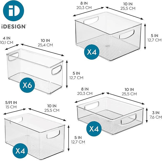 iDesign Stackable Plastic Handle Bin Storage Organizers, 18 Pack, Clear | For Kitchen, Fridge, Pantry, Home, Assortment Set