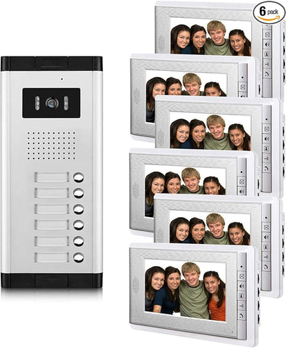 6 Units Apartment Video Intercom System, 7 inch Monitor Wired Video Door Phone Kit, Indoor Outdoor Video Doorbell, ID Keyfobs Unlock, 2 Way Audio, 6-Screen for Home Apartment