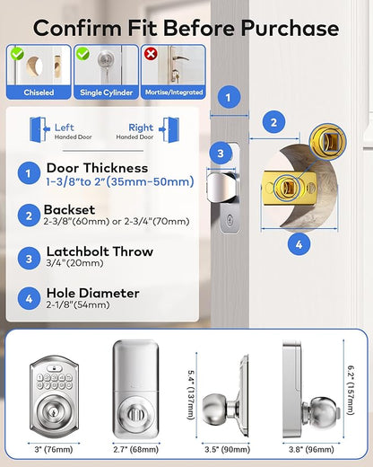 TEEHO TE018 Smart Door Knob with Keypad, App Control, Keyless Entry Digtal Door Lock with Handle, Remote Share One-Time Code, Auto Lock, Easy Installation for Front Door, Bedroom, Rental, Satin Nickel