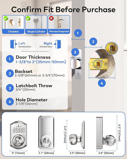 TEEHO TE018 Smart Door Knob with Keypad, App Control, Keyless Entry Digtal Door Lock with Handle, Remote Share One-Time Code, Auto Lock, Easy Installation for Front Door, Bedroom, Rental, Satin Nickel