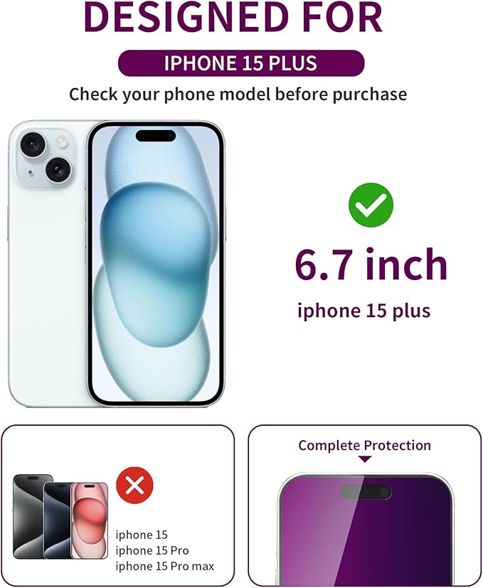 3 Pack Privacy Screen Protector for iPhone 15 Plus Tempered Glass 6.7inch Private Saver Anti-Spy Eye Protection Anti-Scratch Full Coverage