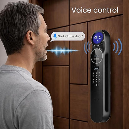3D Face Recognition Smart Door Lock with Camera: AI Voice commandes, Video Intercom, Palm Vine, Tuya App Access, Biometric Fingerprint& Keyless Entry, Heavy Duty, Aluminum, for Home & Office
