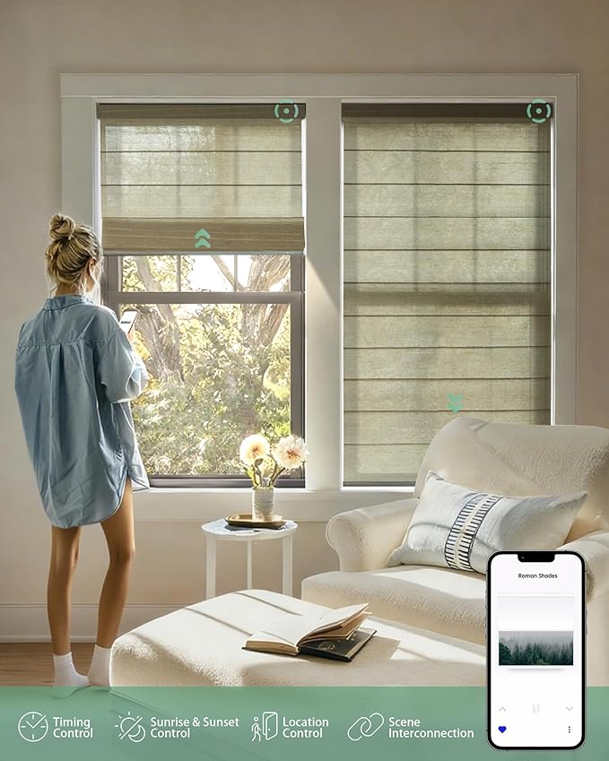 Yoolax Motorized Roman Shades with Remote, Smart Roman Shades for Windows, Light Filtering Automatic Blinds Work with Alexa, Google, Apple Homekit for Living Room, Dining Room, Customized (Woven Dune)