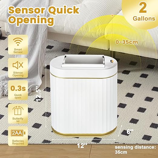 ELPHECO Bathroom Trash Can with Lid Butterfly, Motion Sensor Trash Can Bathroom Decor Automatic Garbage Can Wastebasket Bathroom Accessories, Kitchen, Living Room, Office, White Gold