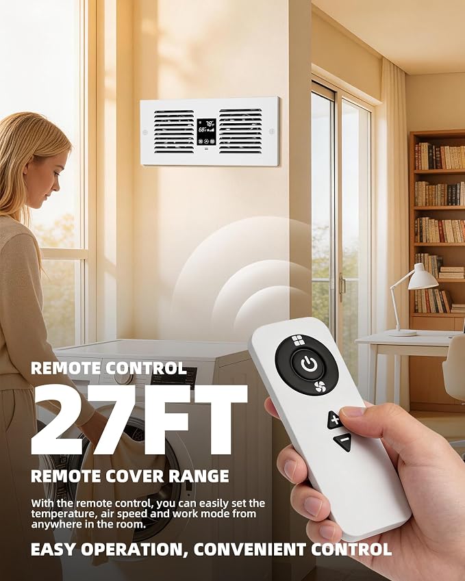 Hardwired Reversible Room to Room Fan, 300 CFM Through Wall Fan | No Plug, 2-Way Airflow, Remote Control, Thermostat 35F-99F, 5 Speeds, Fits 3.8-7.4 in Walls, Bedroom, Kitchen, Laundry