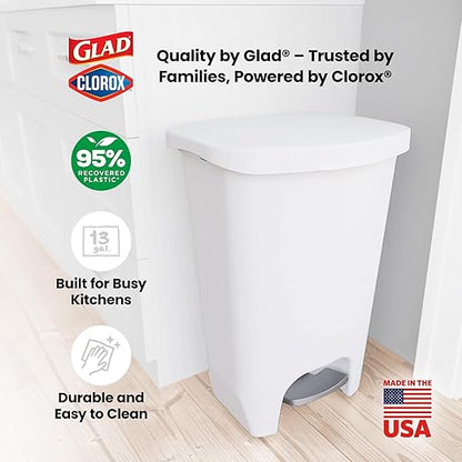 Glad 13 Gallon Trash Can | Plastic Kitchen Waste Bin with Odor Protection of Lid | Hands Free with Step On Foot Pedal and Garbage Bag Rings, 13 Gallon, White