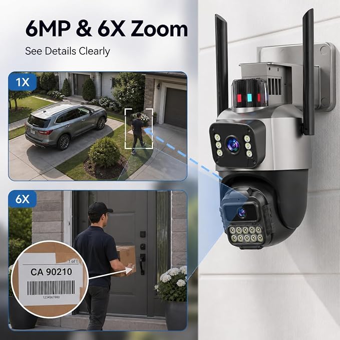 Outdoor Camera, Plug-in Security Camera Outdoor, Dual Lens PTZ 6MP, 6X Digital Zoom, Auto Tracking, Color Night Vision, 5G/2.4G Dual-Band WiFi, 2-Way Audio, IP66 Waterproof