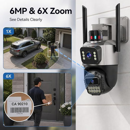 Outdoor Camera, Plug-in Security Camera Outdoor, Dual Lens PTZ 6MP, 6X Digital Zoom, Auto Tracking, Color Night Vision, 5G/2.4G Dual-Band WiFi, 2-Way Audio, IP66 Waterproof