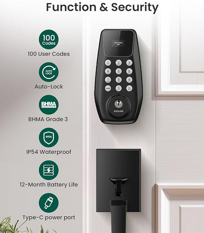 DESLOC C100 Keyless Entry Door Lock with Handle Set, Smart Deadbolt Lock for Front Door with 2 Keys, Auto Lock, 100 PIN Codes, Passage Mode, IP54 Waterproof, 12 Months Battery, Black