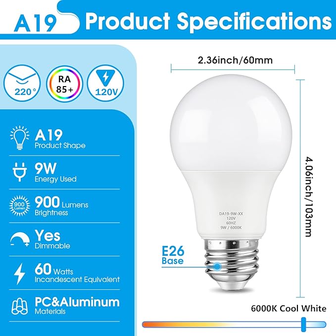 Maylaywood A19 LED Light Bulbs, 60 Watt Equivalent, Cool White 6000K, 900LM, E26 Base, Dimmable, 9W Bright White LED Bulb, 12-Pack