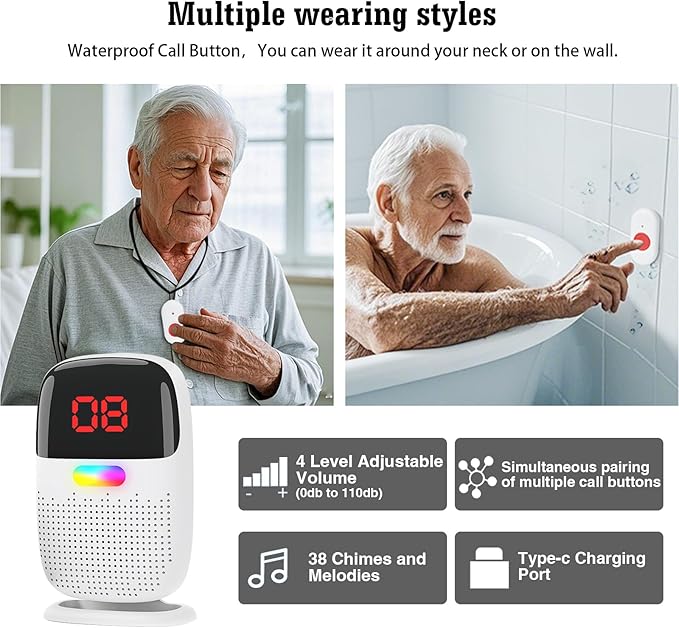 Caregiver Pager System with Digital Display for Elderly Assistance, Fall Prevention, and Nurse Calling，Wearable Wireless Pager for Patient Help at Home(1 Call Buttons + 1 Receivers)