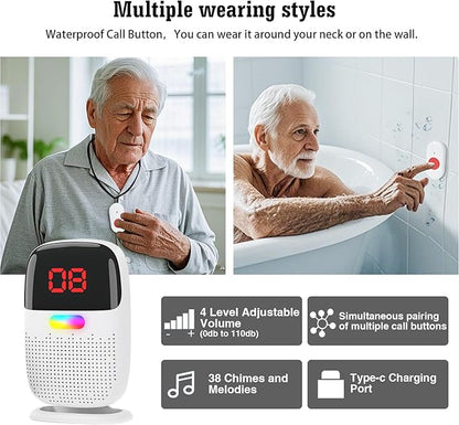 Caregiver Pager System with Digital Display for Elderly Assistance, Fall Prevention, and Nurse Calling，Wearable Wireless Pager for Patient Help at Home(1 Call Buttons + 2 Receivers)