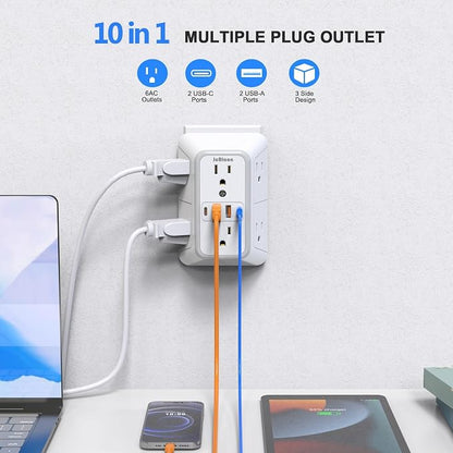 JcBlaon Outlet Extender Surge Protecto, 6 Outlet Extender with 4 USB Ports, 3 Sided 1050J Power Strip, Multiple Plug Expander Wall Charger for Home Office Travel-ETL
