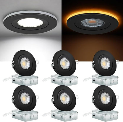 KnLnny Ware Black Gimbal recessed Lights 4 Inch with Night Light 6 Pack, Gimbal canless recessed Lights with Junction Box,9W 750LM,Dimmable,5CCT Selectable,Air Tight
