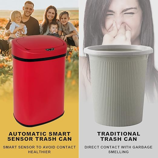 HCY Kitchen Trash Can 13 Gallon Automatic Metal Garbage Can Stainless Steel Waste Bin with Lid Smart for Kitchen,Office,Living Room,Bathroom(Red)
