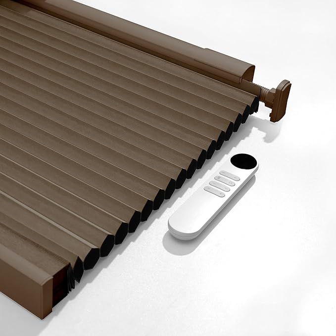 Boolegon No Drill Motorized Cellular Blinds with Remote Motorized Blackout Honeycomb Blinds for Indoor Windows Easy to Install Automatic Cellular Shades for Home,Blackout Dark Brown,Custom Size