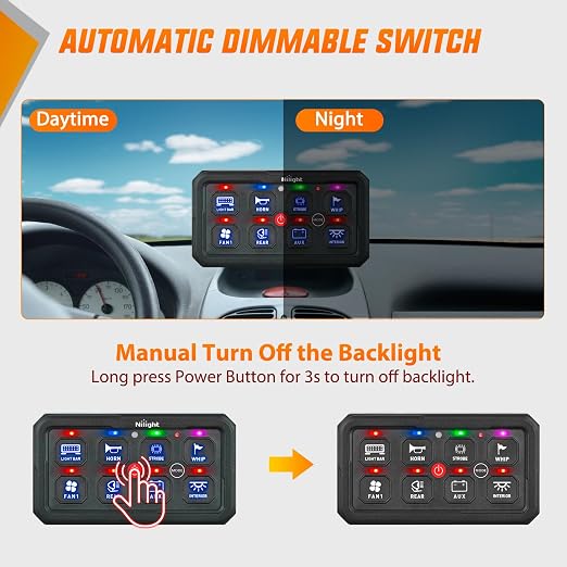 Nilight 8 Gang Switch Panel Blue 12V 24V Circuit Control System 4-Mode | Fuse Wiring Harness Automatic Dimmable LED Pod Toggle/Momentary/Strobe/Flash Modes for Car Pickup Truck Camper SUV