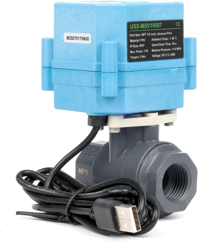U.S. Solid WiFi Smart Motorized Ball Valve 1/2 in NPT, 2-Way PVC Electric Valve, USB Powered, LED Indicator, Remote On/Off for Water and Irrigation