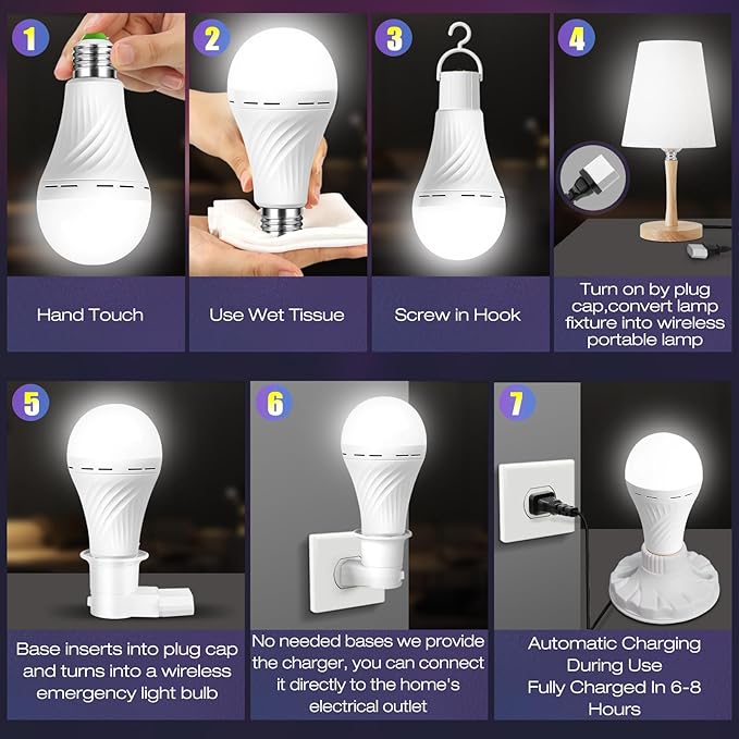 Emergency Rechargeable Light Bulbs, Stay Lights Up When Power Failure, 1500mAh 12W 60W Equivalent LED Light Bulbs for Home, Camping, Hiking (with Hook,with Plug Cap,with socket adapter) 6 Pack