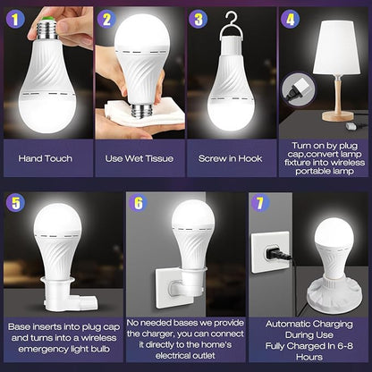 Emergency Rechargeable Light Bulbs, Stay Lights Up When Power Failure, 1500mAh 12W 60W Equivalent LED Light Bulbs for Home, Camping, Hiking (with Hook,with Plug Cap,with socket adapter) 6 Pack