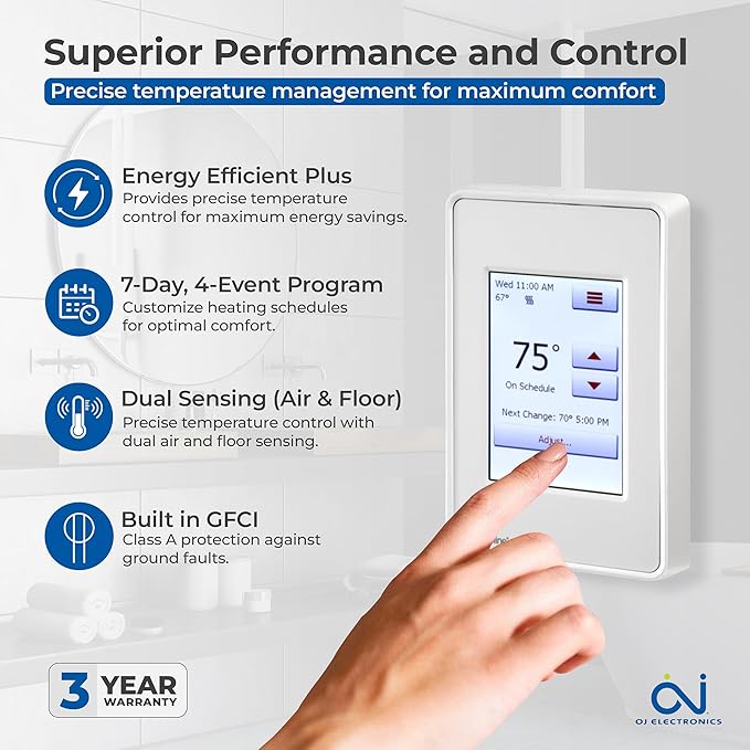 OJ Microline UDG4 Touchscreen Programmable Heated Floor Thermostat w/Class A GFCI - 120/240v Radiant Heat Thermostat - Dual Sensing - Includes Floor Sensor - 3-Year Warranty & USA Product Support