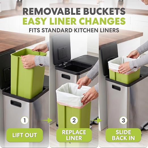 SIMPLI-MAGIC 60 Liter / 16 Gallon Rectangular Hands-Free Dual Compartment Recycling Kitchen Step Trash Can with Soft-Close Lid, Brushed Stainless Steel