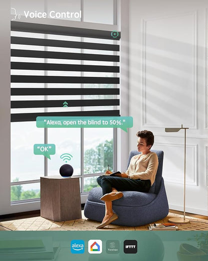 Yoolax Motorized Blinds with Remote, Motorized Zebra Blinds Compatible with Alexa, Privacy Motorized Blinds, Zebra Shades for Windows Custom Size(V-Haze Narrow Black)