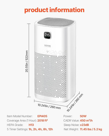 VEVOR Air Purifier, H13 HEPA Layer, 2018 ft²/h Smart Air Purifier with Speed Control & Child Lock Guard, Efficient Air Cleaner with Convenient Touch Panel & 23 dB Sleep Mode, Fit for Home & Office