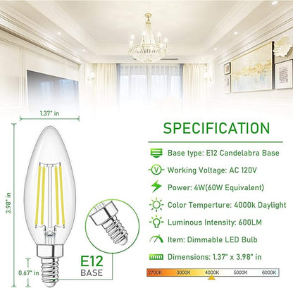 winshine E12 Candelabra LED Bulbs Dimmable 4000K Natural White 60W Equivalent,Type B Light Bulb for Chandelier, C35 Ceiling Fan Light Bulb Clear Glass,600LM,6 Pack