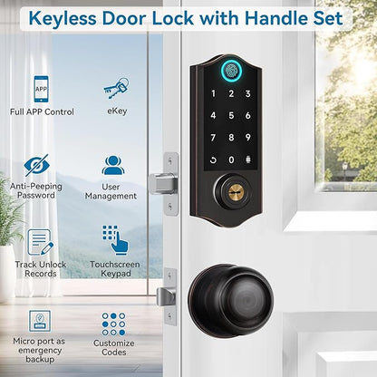 Fingerprint Smart Door Locks for Front Door with Handle Set, App Control, Keyless Entry Door Lock Keypad Deadbolt, Bluetooth Digital Electronic Touchscreen, Easy Install, Auto Lock, Aged Bronze