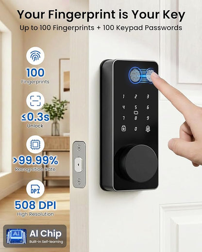 Smart Door Lock, Fingerprint Keyless Entry Door Lock Front Door App Control, Electronic Touchscreen Keypad Deadbolt, Auto Lock, IP54 Waterproof, Easy Install