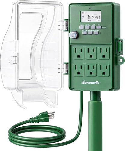 DEWENWILS Outdoor Power Stake Timer, Programmable Digital Timer, 6 Outlets | 1800W/15A Heavy Duty, 6ft Cord, Waterproof Cover, Overload Protection, Works for Yard, Garden, Patio Lights, ETL Listed