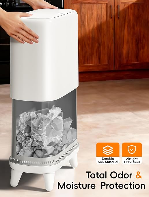 Dog Proof Small Bathroom Trash Can with Lid, Slim Press Top Garbage Can, Narrow White Plastic Waste Basket, for Bathroom Bedroom Office Raised Legs 4.8 Gal with 5 Roll 75 Trash Bags