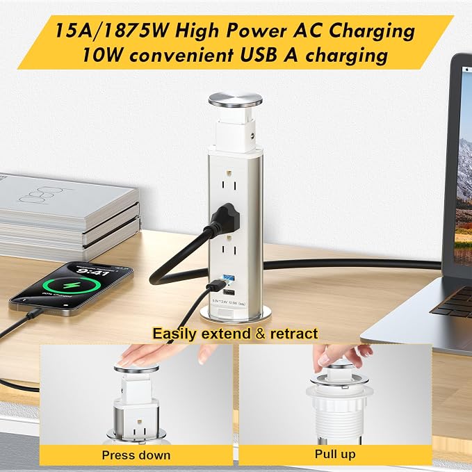 Pop Up Outlet for Countertop, Receptacle Power Strip with 3 AC Outlet 2 USB Ports, Pull Pop Up Power Socket Outlet, 2.5" Hole Recessed Outlet for Kitchen Counter Conference Desk Office, White