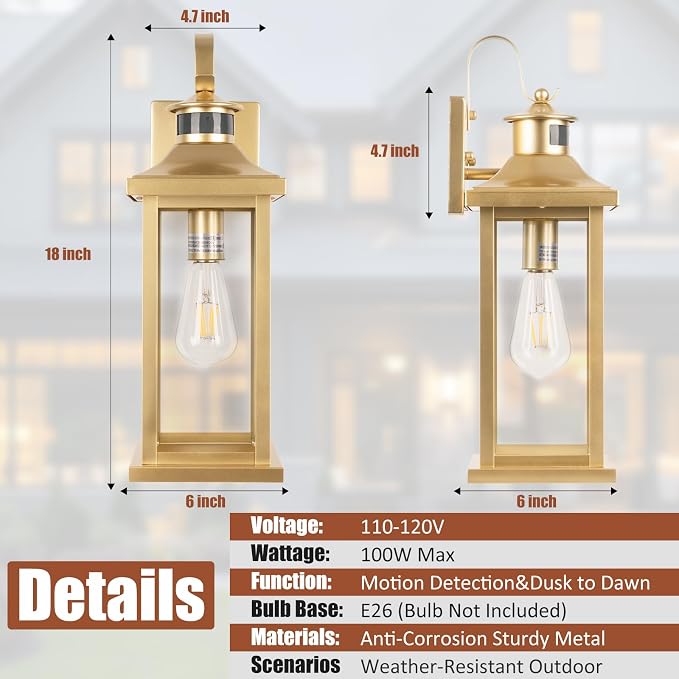 Gold Outdoor Light Fixtures Dusk to Dawn Motion Sensor 18” Large