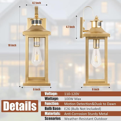 Gold Outdoor Light Fixtures Dusk to Dawn Motion Sensor 18” Large